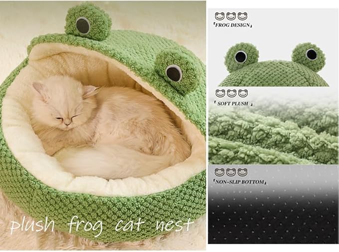 Cute Frog Hooded Cat Bed with Non-Slip Bottom, Covered Round Fluffy Frogs Cave Green, Semi-Closed Pet Mat for Cats and Small Dogs