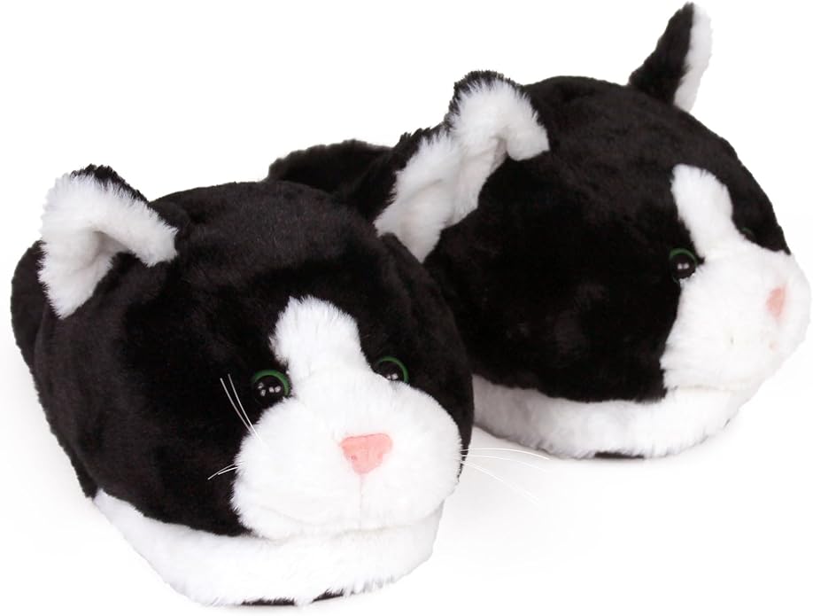 Black and White Kitty Slippers for Women and Men - Fuzzy Plush Tuxedo Cat Slippers for Adults