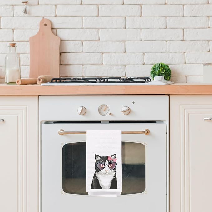 SPBL&L Cat Bow Dish & Hand Towels, 16x24 inches - Pink, Black - Bathroom & Kitchen Decor, Cat Gifts