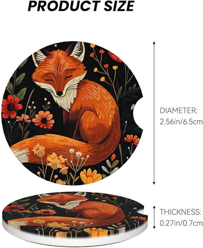 Absorbent Ceramic Car Coasters for Cup Holders, Fox Flower Design 2.56" Anti Slip Universal Drink Cup Coasters for Women Men (2 Pack)