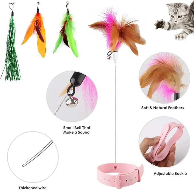 Cat Feather Collar Toy, Interactive Cat Toys for Indoor Cats Self Play Funny Teaser Wand Neck 3-in-1 Cat Collar Toy Feathers with Bell & 3 Refills Hands Free for Cats Play Pink