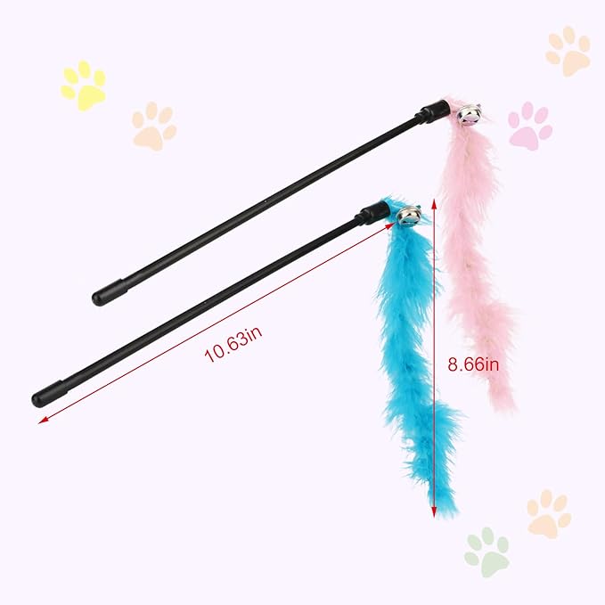 Hypeety Interactive Cat Toys Feather Wand Teaser Cat Wand Feather Rod with Bells for Indoor Cat Kitten Fun Interactive Toys 2pcs (Random Color)