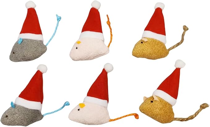 6-Pack Catnip Cat Mice Toys with Cute Christmas Hats - Holiday Cat Plush Toy Set for Cats & Kittens, Festive Interactive Catnip Mice for Indoor Cats, Durable & Fun Christmas-Themed Cat Toys-Style 2