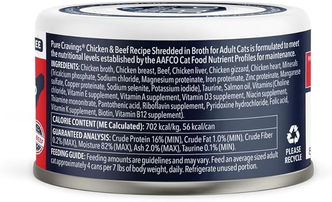 Chicken and Beef Recipe in Broth, Shredded Wet Cat Food, Grain-Free Protein, Non-GMO, 12 Pack