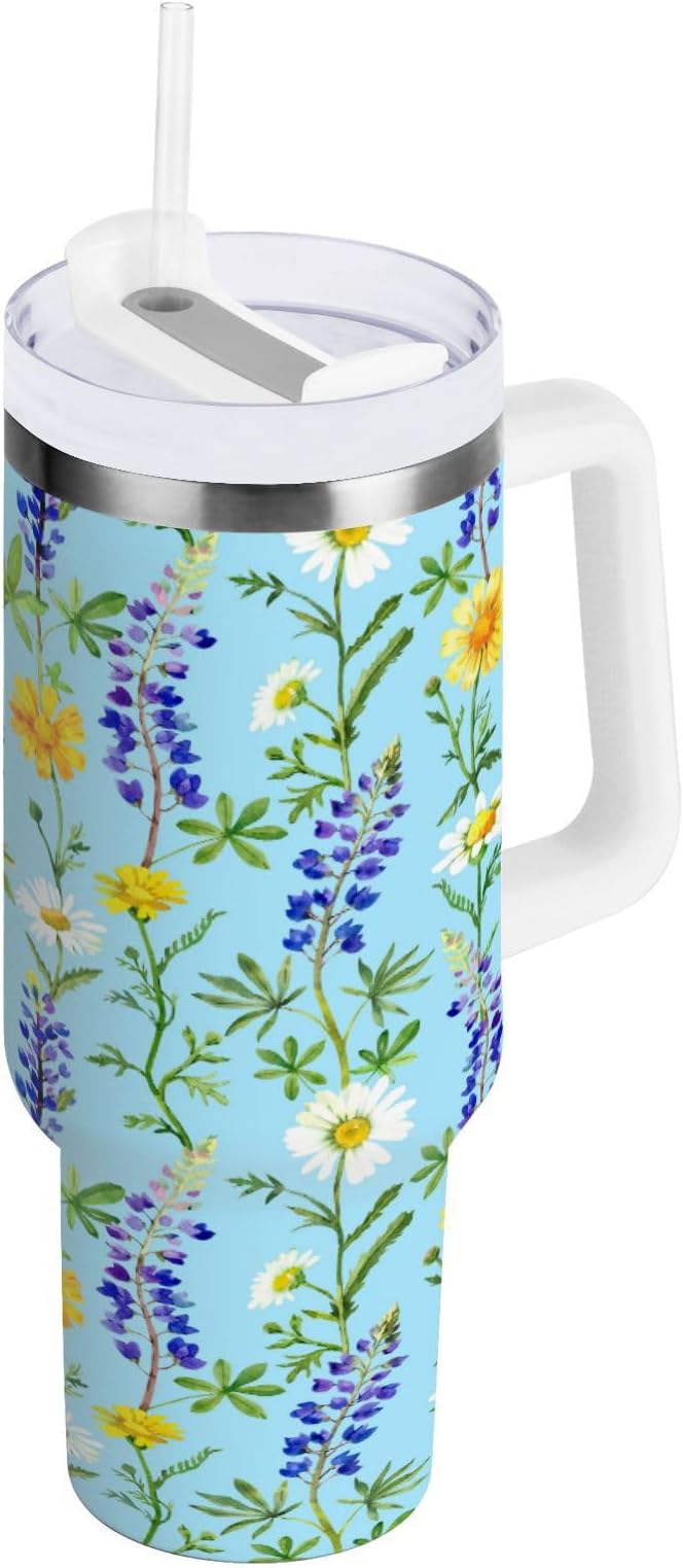 Boccsty Bluebonnet Chamomile Floral Insulated Tumblers Reusable Stainless Steel Tumbler 40 oz Cup Coffee Travel Mug Water Bottle with Handle & Flip Straw for Home Office Car