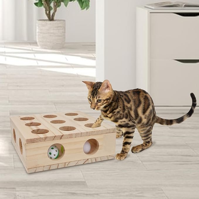 Hypeety Interactive Cat Toy Puzzle Box Wooden Treat Maze Scratcher Peek Play Toy Box Fun Interactive Cat Toy Fun Hide and Seek Cat Agility Toys