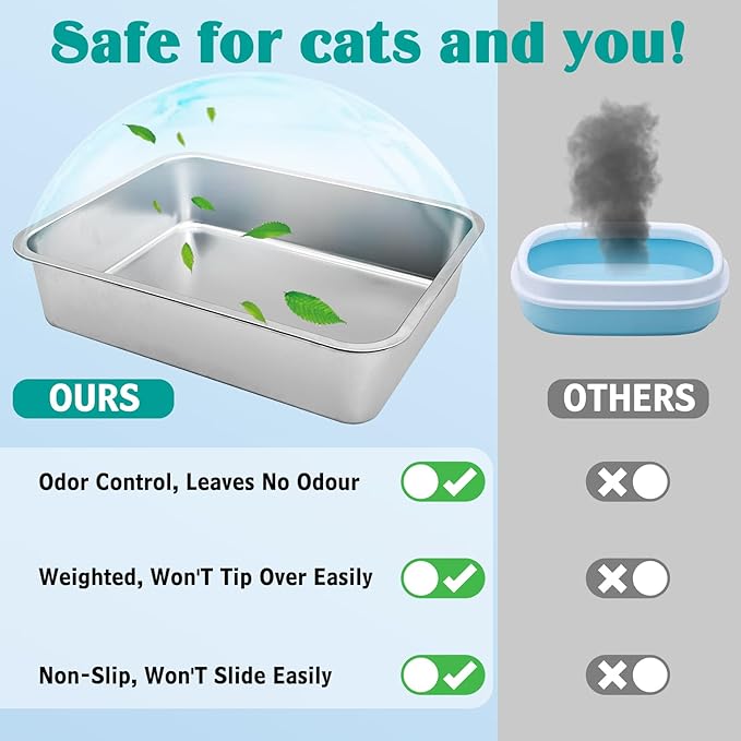 BNOSDM Stainless Steel Litter Box 2 Pack Large Metal Cat Litter Boxes with Litter Scoops, 6Inch Deep Pan Odor Control Non Stick Pet Toilet Litter Tray for Adult Cats (19.7x13.8x6 Inches)