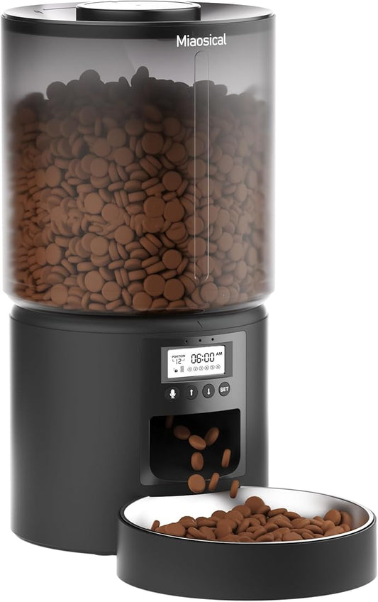 Automatic Cat Feeder Flexible Schedule Timer,6 Meals/Day,1-12 Portions/Meal,Dual Power Auto Feeder Dry Food Dispenser,10S Voice Record,for Cats & Small Dogs (Black,5.2L Stainless Steel Bowl)