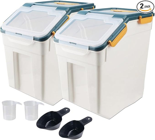 AnRui 2Pcs Airtight Flour Storage Containers 45LB, Large Rice Storage Container, Plastic Cereal Grain Dispenser Organizer Pet Dog Cat Food Storage Bin with Lid, with Measuring Cup, Scoop, Blue