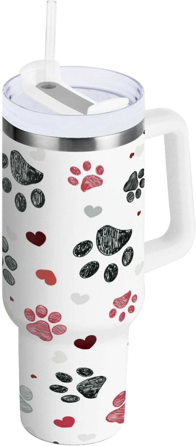 Boccsty Black Red Dog Paw Prints Hearts Insulated Tumblers Reusable Stainless Steel Tumbler 40 oz Cup Coffee Travel Mug Water Bottle with Handle & Flip Straw for Home Office Car
