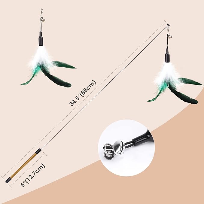 Pawaboo Feather Teaser Cat Toy, Interactive Feather Wand Cat Toy Flying Feather Cat Catcher with Extra Long 34.5" Wand and Small Bell, Fun Exerciser Playing Toy for Kitten or cat, White & Green