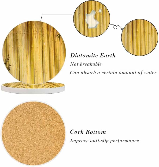 Bamboo Style Ceramic Coasters Absorbent Drink Coasters Round Ceramic Table Coasters Set Decorative Coffee Cup Beverage Coasters Wine Beer Bar Coasters 2 Pack
