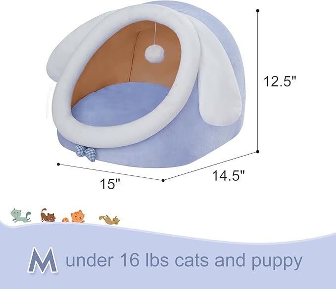 Jiupety Cat Bed for Indoor Cats, Soft Cozy Cat Bed Cave Fit for Cat Up to 16 Lbs and Puppy, Lovely Cat Bed, Blue, M.
