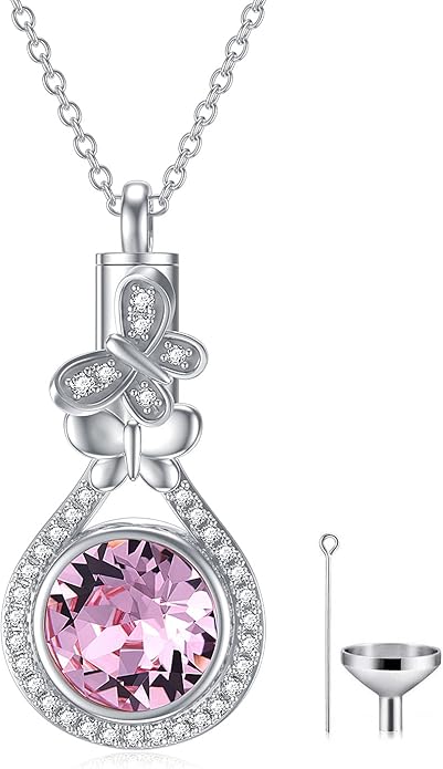 AOBOCO Butterfly Urn Necklace for Ashes 925 Sterling Silver Butterfly Cremation Jewelry Memorial Keepsake Pendant with 12 Months Birthstone Crystal from Austria
