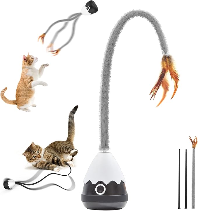 Cat Toys Rechargeable Plush Cat Wand Toy with Silicone Teaser Tail, Electronic Cat Toys Interactive for Indoor Cats/Kittens, Automatic Exercise Cat Toy - Black