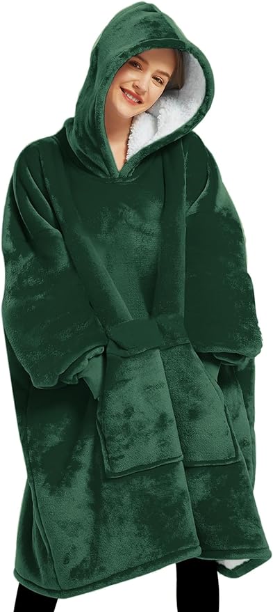 KFUBUO Wearable Blanket Hoodie for Adults Sherpa All Patterns Oversized Sweatshirt Blanket with Pockets Gifts for Mom Emerald Green