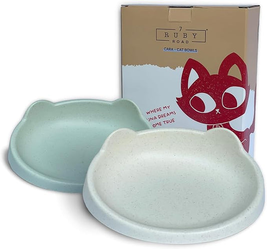 7 Ruby Road Anti Whisker Fatigue Cat Bowl, Set of 2 - Wide Cat Food Bowls, Wet and Dry Shallow Cat Food Dish, Small Cat Dishes for Indoor Cats, Cute Kitten Bowls Whisker Friendly & Relief Non-Slip 6oz
