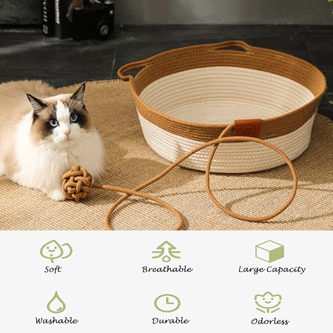 Handwoven Cotton Rope Cat Bed Cat Hammock Foldable Sleeping Nest Basket Handmade Natural Cradle Scratcher Cuddler for Kitten Cute Style with a Playing Rope Ball