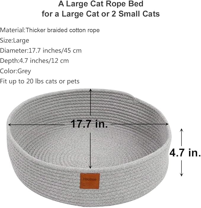 Large Cat Bed Basket Round Cotton Rope Woven - Calming Cat Rope Bed Sleep Surface 17.7 inches(45 cm),Cozy Scratching Indoor Cat bed for a Large Cat or 2 Small Cats,Fit up to 20 lbs Pets,Washable,Grey