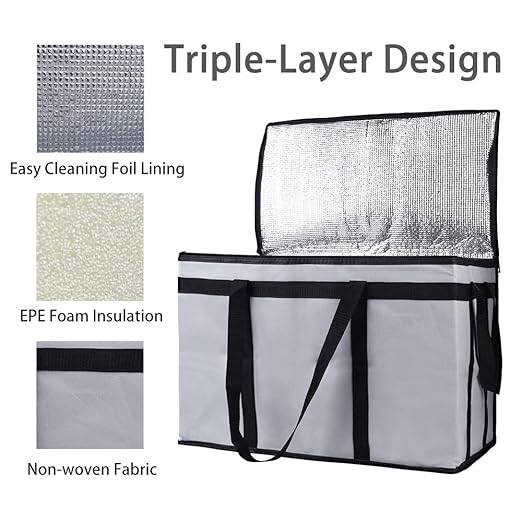 Bodaon Insulated Food Delivery Bag for Hot and Cold Meal, XXX-Large Grocery Tote Insulation Bag for Catering, Pizza Warmer, Grey, 1-Pack