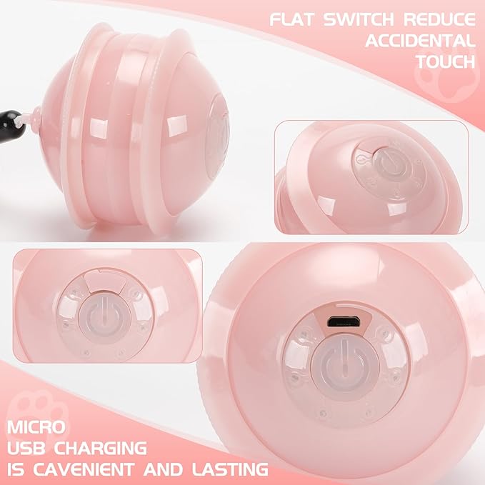 LED Interactive Cat Toy Ball, Cat Feather Toy Ball Cat Chase Toy Automatic Moving Ball Cat Feather Toy Rechargeable Self Rolling Ball (Pink)