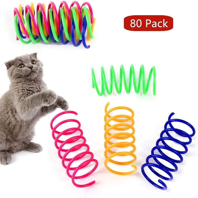 80 Pack Cat Spring Toys, Durable Plastic Coils for Indoor Active - Colorful 1 Inch Spirals Spring Fitness Play for Cat Kitten Pets (multicolor-80Pack)
