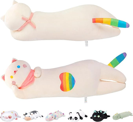 Rainbow Long Cat Plush Pillow, 25" Cute Kitten Stuffed Animal, Kawaii Cuddle Body Pillow Gift for Girlfriend Women Girls, Soft Hugging Plush Toy for Bed, Sofa or Room Decor