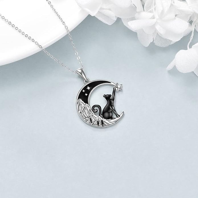 925 Sterling Silver Moon Black Cat Necklace for Women - Tree of Life Jewelry with Abalone Stone - Cat Lover Birthday Gift