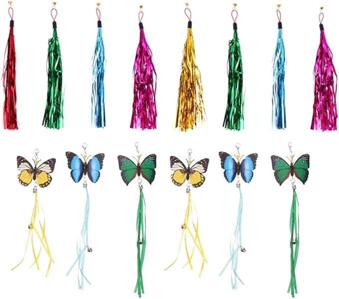 LUOZZY 14 Pcs Cat Teaser Wand Butterfly Cat Toys Cat Wand Toy Replacement Cat Butterfly Toy & Multi-Colored Metallic Foil Tassel Interactive Cat Wand Toys for Indoor Cat