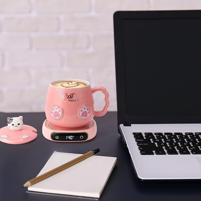 Bgbg Coffee Mug Warmer & Cute Cat Mug Set, Electric Beverage Cup Warmer for Desk Home Office with Three Temperature Up to, Coffee Warmer for Cocoa Milk Tea Water Candle, 8 Hours Auto Shut Off