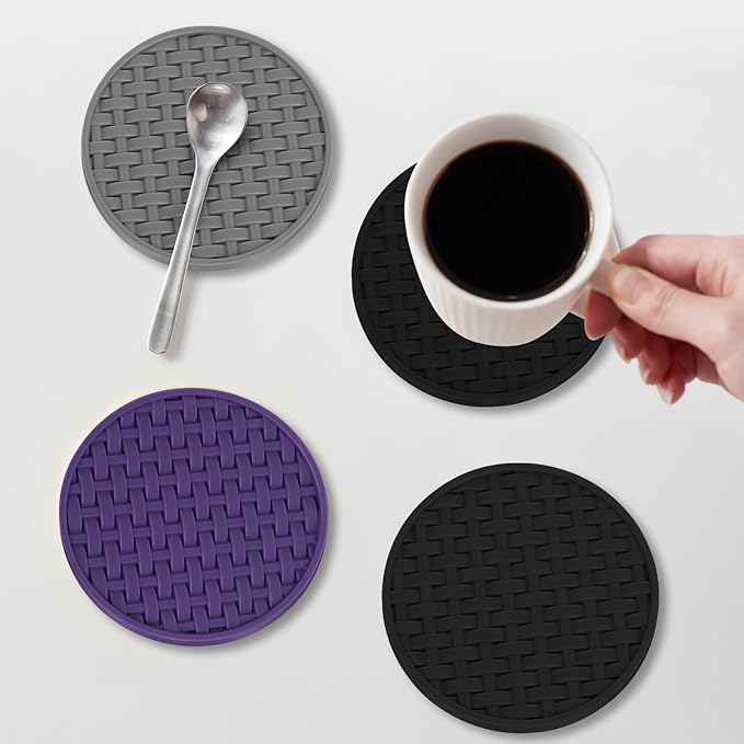 Black Silicone Drink Coaster Set of 6 with Holder, 4 Inches Decorative Coasters, Heat Resistant & Waterproof for Home, Kitchen Non-Slip Cup Mat for Bar, Coffee, Beer