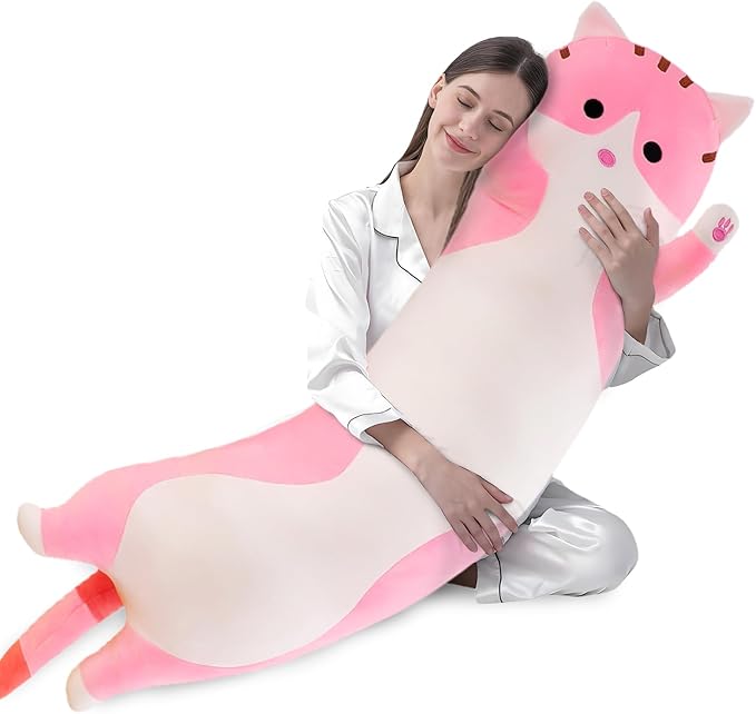 shangman Lovely Plush Cat Doll Cute Cartoon Soft Stuffed Kitten Pillow Long Throw Sleeping Pillow Doll Toy Gift for Kids Girlfriend Multiple Size (Pink,150cm/59in)