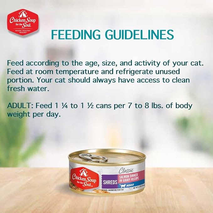 Chicken Soup For The Soul Classic Wet Adult Cat Food, Salmon Shreds Dinner, 5.5 Ounce Can (Pack of 24) | Soy Free, Corn Free, Wheat Free, Canned Cat Food Made with Real Ingredients