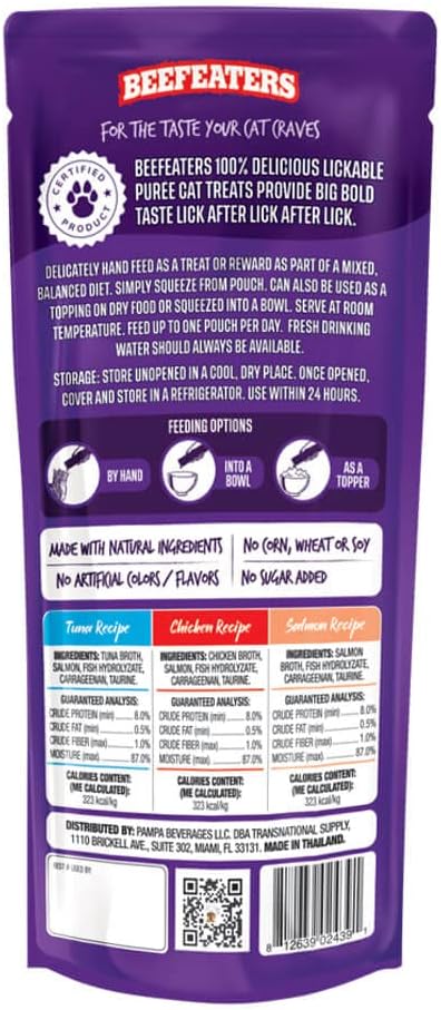 Beefeaters Cat Treats - Variety Pack Lickable Puree 1.59oz, Case of 12 | Cat Food Salmon, Tuna, Chicken | Grain-Free, Taurine-Enriched | Training Treats - Interactive Feeding | Wet/Dry Food