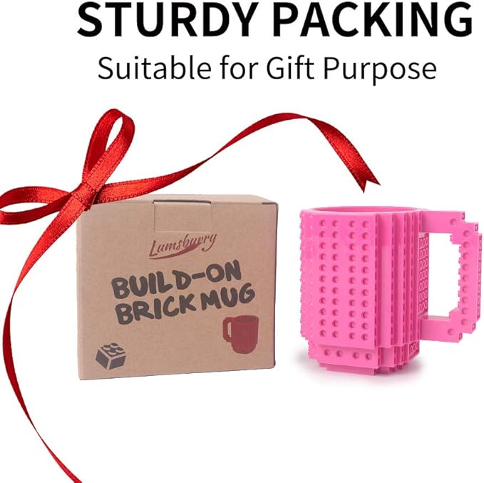 Build-on Brick Coffee Mug, Funny DIY Novelty Cup with Building Blocks Creative for Kids Men Women Xmas Birthday (Rose)