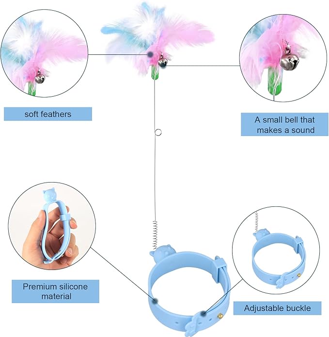 2pcs Cat Collar Toys, Silicone Feather Cat Teasing Wands with Neck Collar Adjustable Cat Wand Toys with Bell Cat Interactive Teaser Toys for Indoor Cat Playing Training