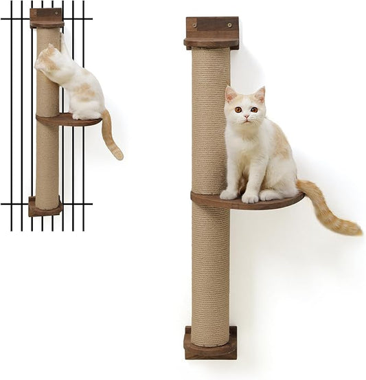 FUKUMARU Cat Tree, Solid Walnut Wood Cat Wall Furniture, Black Cat Wall Shelves with Scratching Posts and Pedal (Cat Activity Tree-Updated)