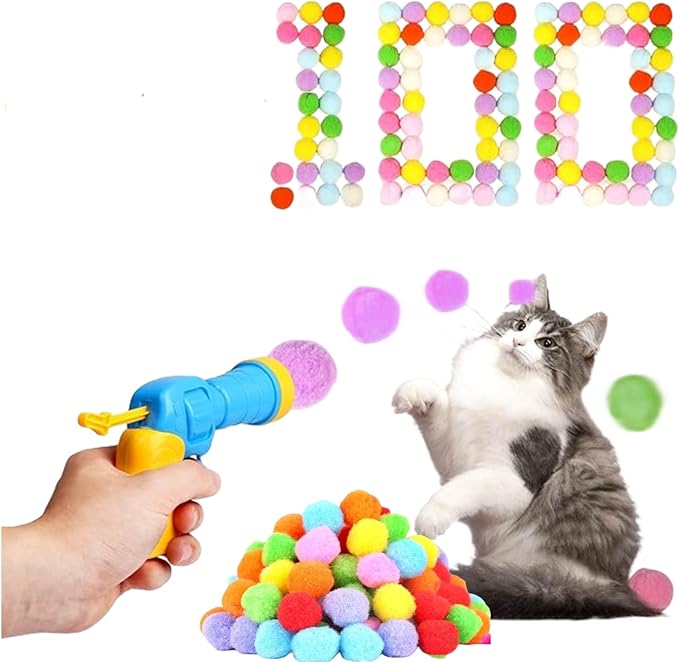 Cat Toy Balls, 100Pcs 1.2Inch Cat Pompom Ball and 1 Cat Ball Toy Launcher, Colorful and Soft Interactive Cat Balls, Active Cat Exercise Toys for Indoor Cats