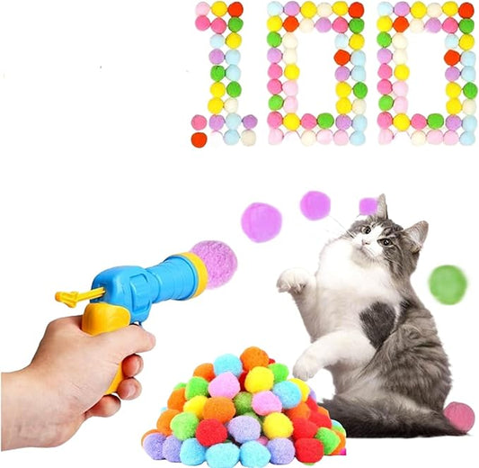 Cat Toy Balls, 100Pcs 1.2Inch Cat Pompom Ball and 1 Cat Ball Toy Launcher, Colorful and Soft Interactive Cat Balls, Active Cat Exercise Toys for Indoor Cats