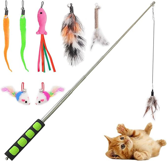 Cat Fishing Pole for Indoor Cats,Interactive cat Toys with Colorful Feather and Bell. (Green)