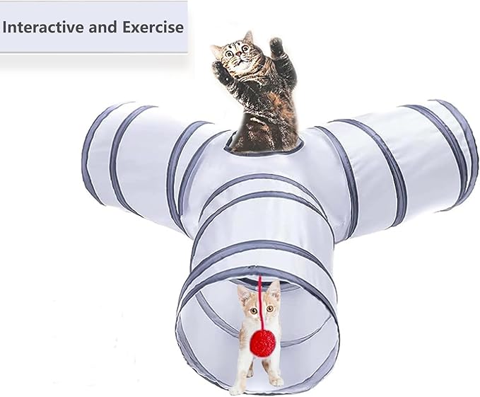 Cat Tunnel Tube Toys, Tunnels for Indoor Cats, 3 Way Colorful White Gray Collapsible Interactive Toy with Balls for Rabbits, Kittens, Ferrets, Puppy