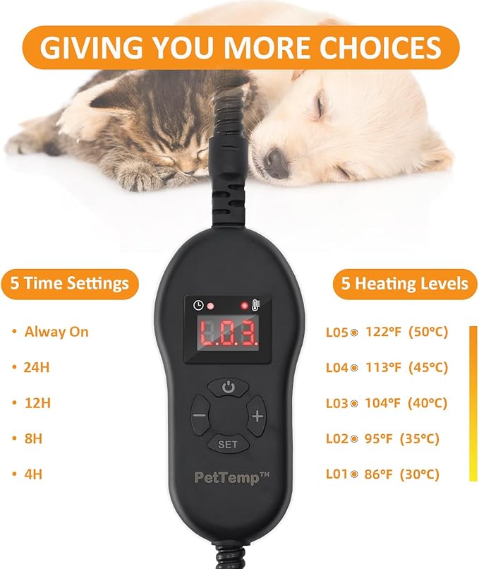 Upgraded Pet Heating Pad, 5 Adjustable Temperature & Timer, Electric Heated Dog Cat Bed for Winter, Auto Power-Off, Waterproof Chew-Resistant (S:16'' x 13'')