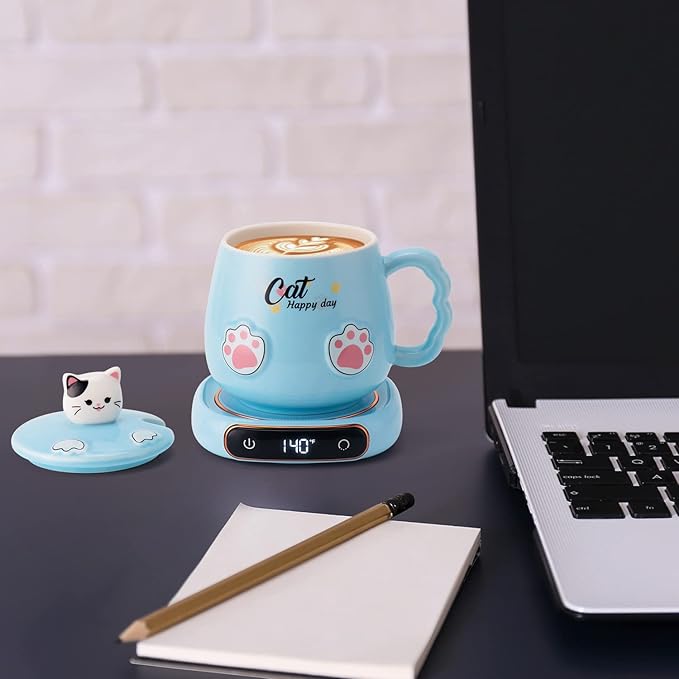 Bgbg Coffee Mug Warmer & Cute Cat Mug Set, Beverage Cup Warmer for Desk Home Office with Three Temperature Up to 140℉/ 60℃, Coffee Warmer for Cocoa Milk Tea Water Candle, 8 Hours Auto Shut Off