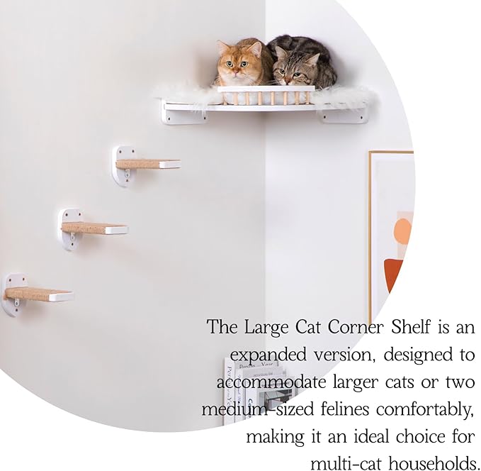 Cat Wall Shelves, Corner Cat Shelf with 3 Cat Wall Steps, Cat Shelves for Wall Large Cats Set, Cat Wall Bed with Plush Covered, Wall Mounted Cat Climbing Shelf for Indoor Cats (White)