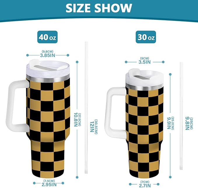 Boccsty Black Gold Squares Checkered Insulated Tumblers Reusable Stainless Steel Tumbler 30 oz Cup Coffee Travel Mug Water Bottle with Handle & Flip Straw for Home Office Car