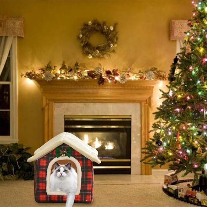 Christmas Cat Bed for Indoor Cats Plaid Christmas Cat Tent Cat Bed Cave for Pets Cats and Dogs (Coffee-S(15.7 X 12.6 X 13.8 Inch))