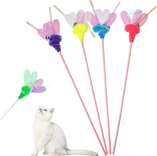 Cat Wand Toy, 4 PCS Insect Cat Toys Interactive Cat Teaser Wands Cat Sticks with Bell for Cat and Kitten