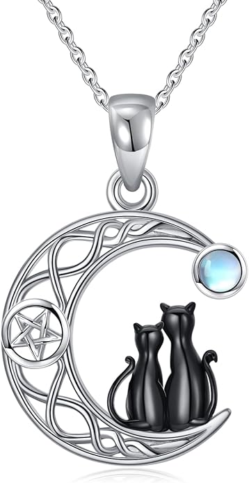 Black Cat/Dragon/Fox/Wolf Necklace 925 Sterling Silver Celtic Moon Pentagram Pendant Gothic Jewelry Goth Halloween Gifts for Women