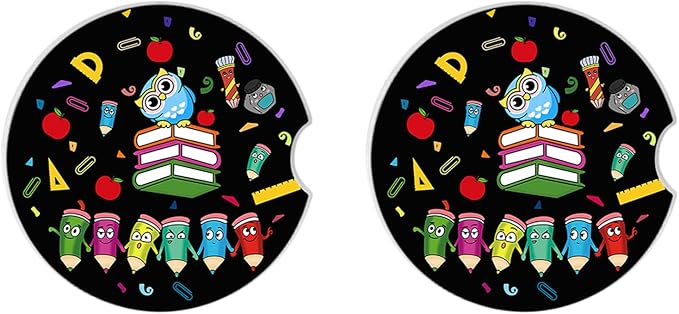 2 Pack Ceramic Cup Holders,Owl and Pencil Pattern Car Coasters Set for Women/Men,2.56" Cup Car Holder Coasters,with A Finger Notch,2.56" Ceramic Stone & Cork Base Drink Coasters.