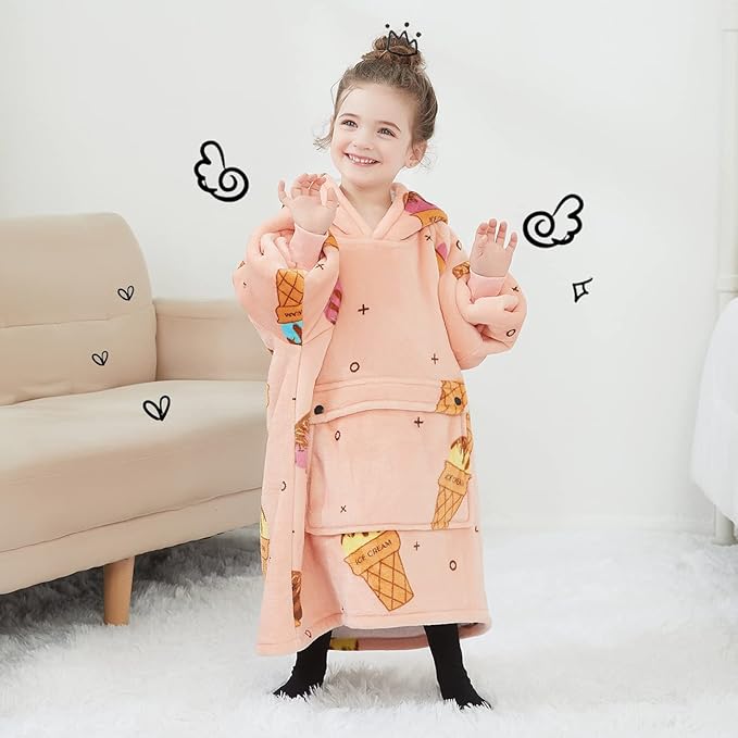 KFUBUO Wearable Blanket Hoodie for Kids Sherpa Patterns Oversized Sweatshirt Blanket With Pocket 6-10 Year Old Girl Birthday Gifts Ice Cream